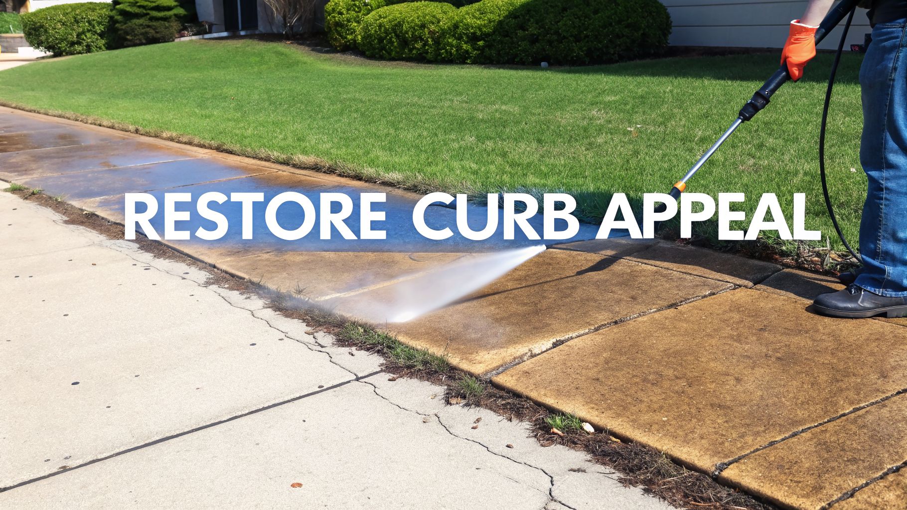 A person power washing a dirty concrete sidewalk, effectively restoring and enhancing home curb appeal.