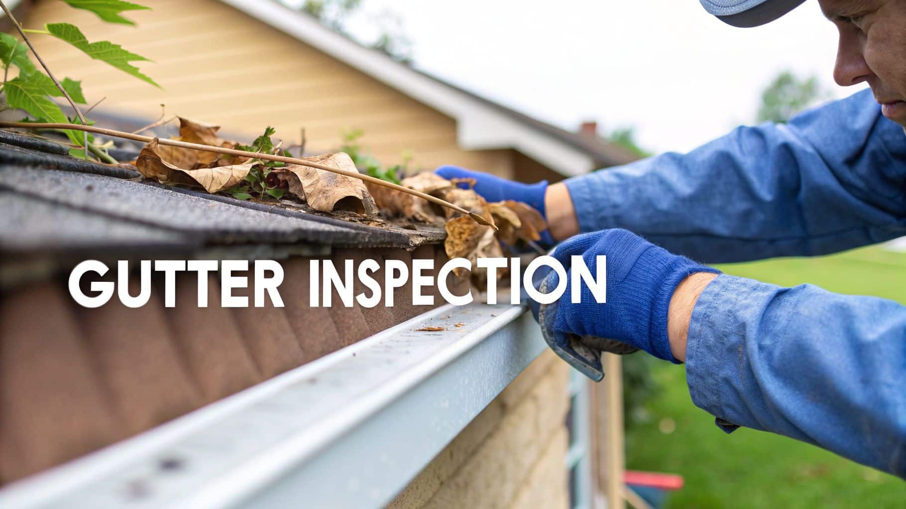 A person in blue gloves inspects or cleans a house gutter filled with dry leaves and debris.