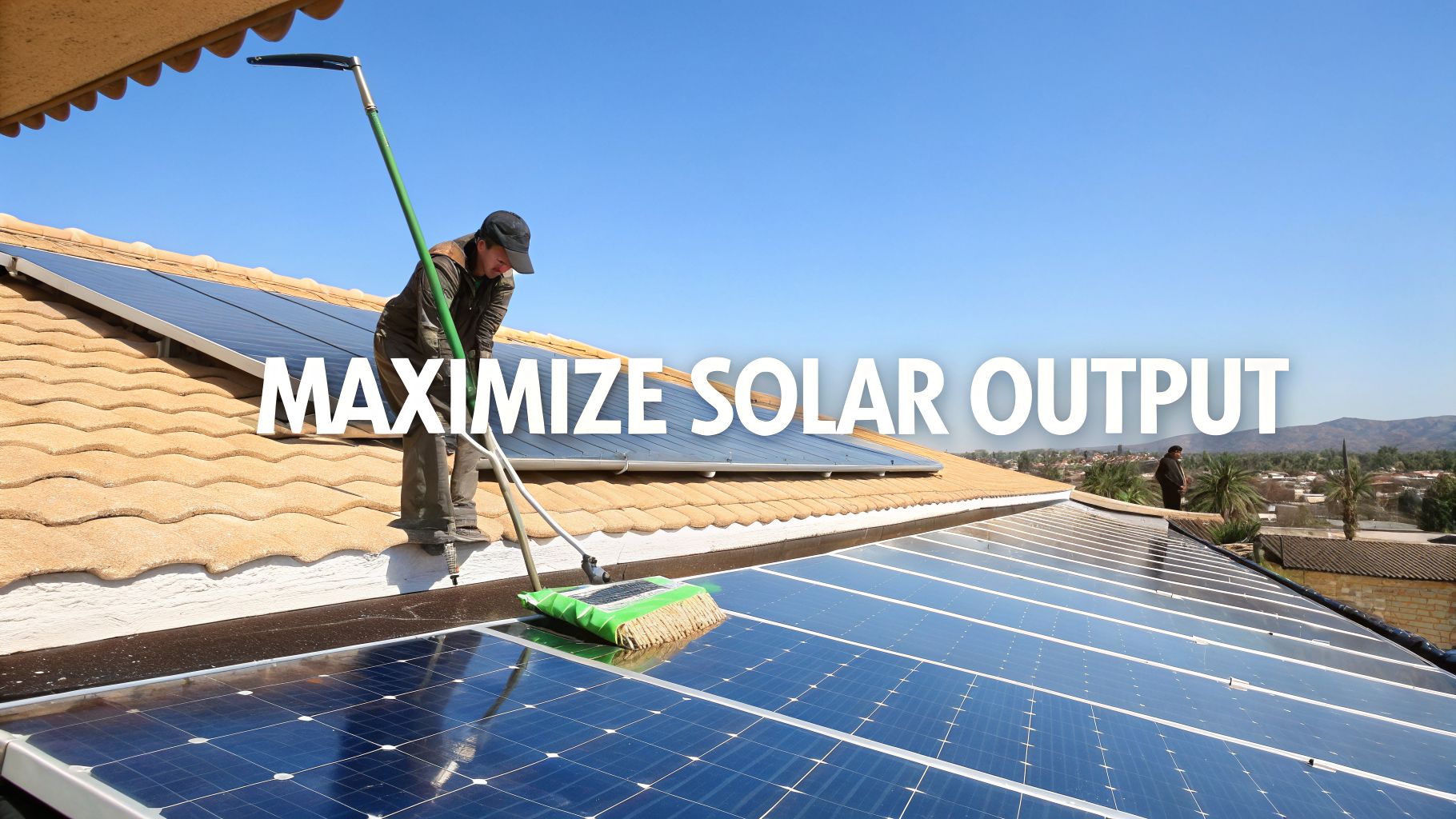 A person on a roof using a long-handled brush to clean a row of solar panels under a clear blue sky.