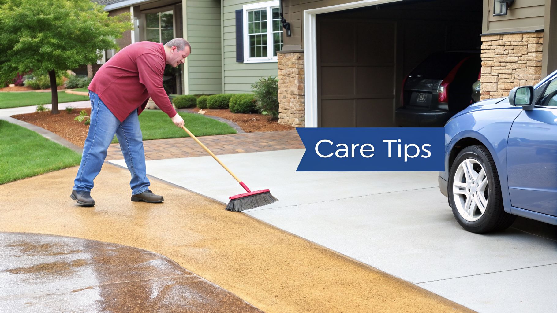 A man in a red shirt sweeps a two-toned driveway with a house and cars.