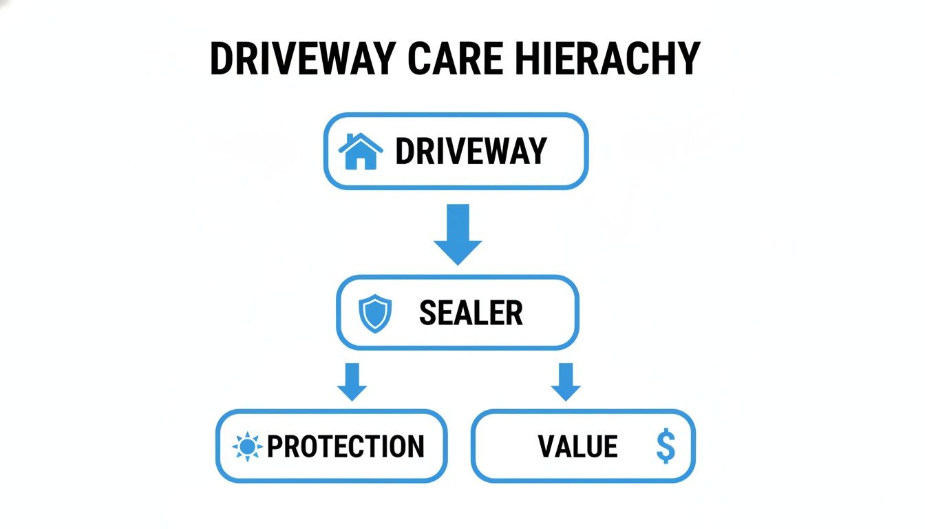 Flowchart illustrating driveway sealer benefits, showing it provides protection and value.