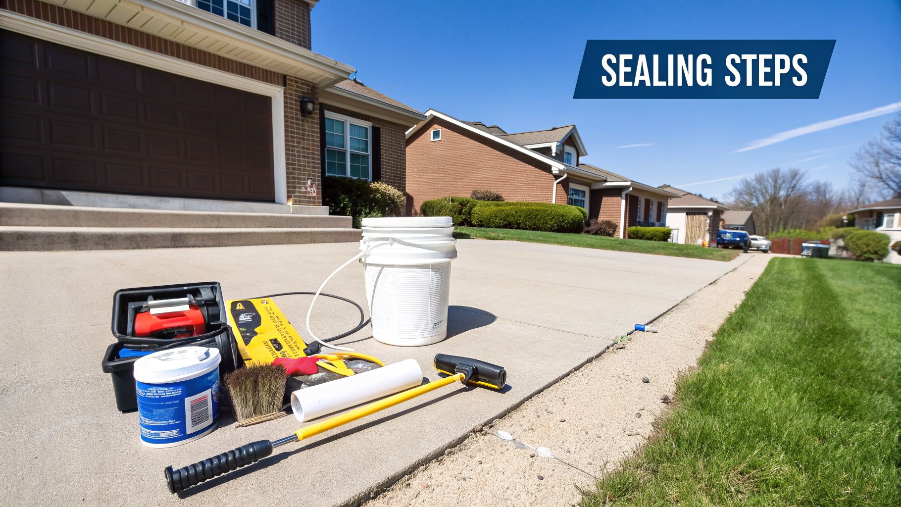 Various tools and a bucket laid out on a concrete driveway, ready for the sealing process.