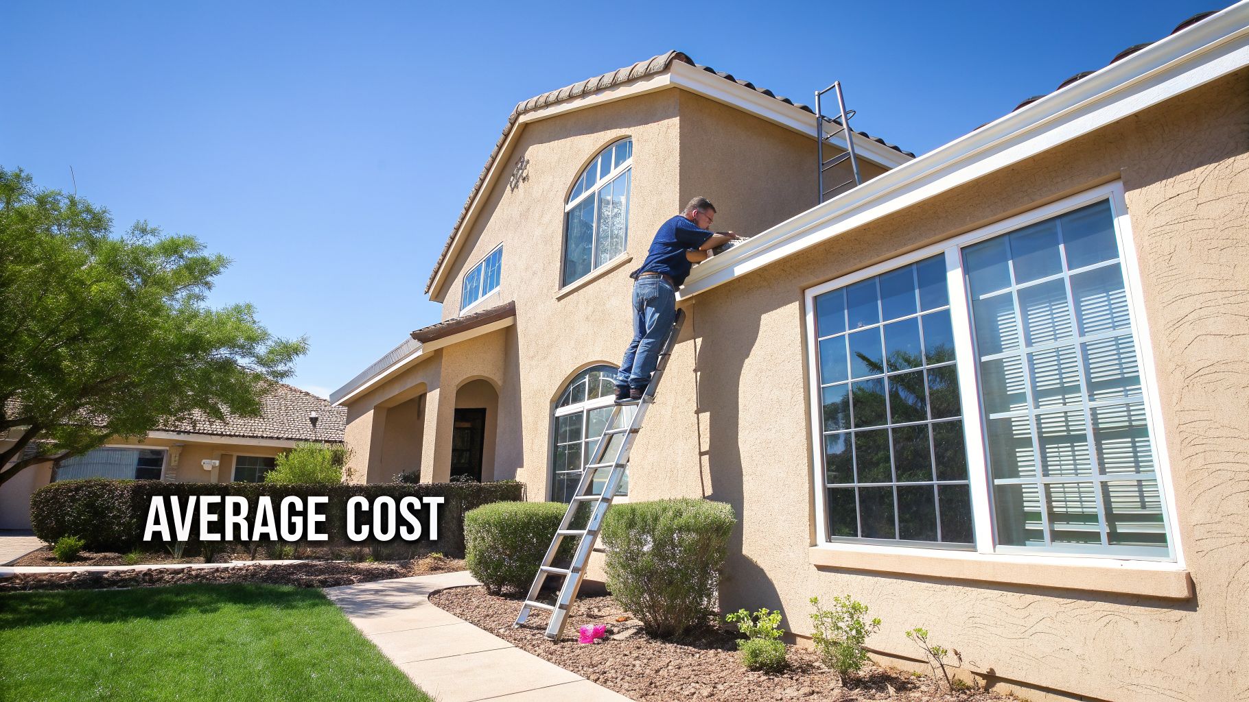 A man on a ladder cleaning gutters on a two-story beige house under a clear sky.