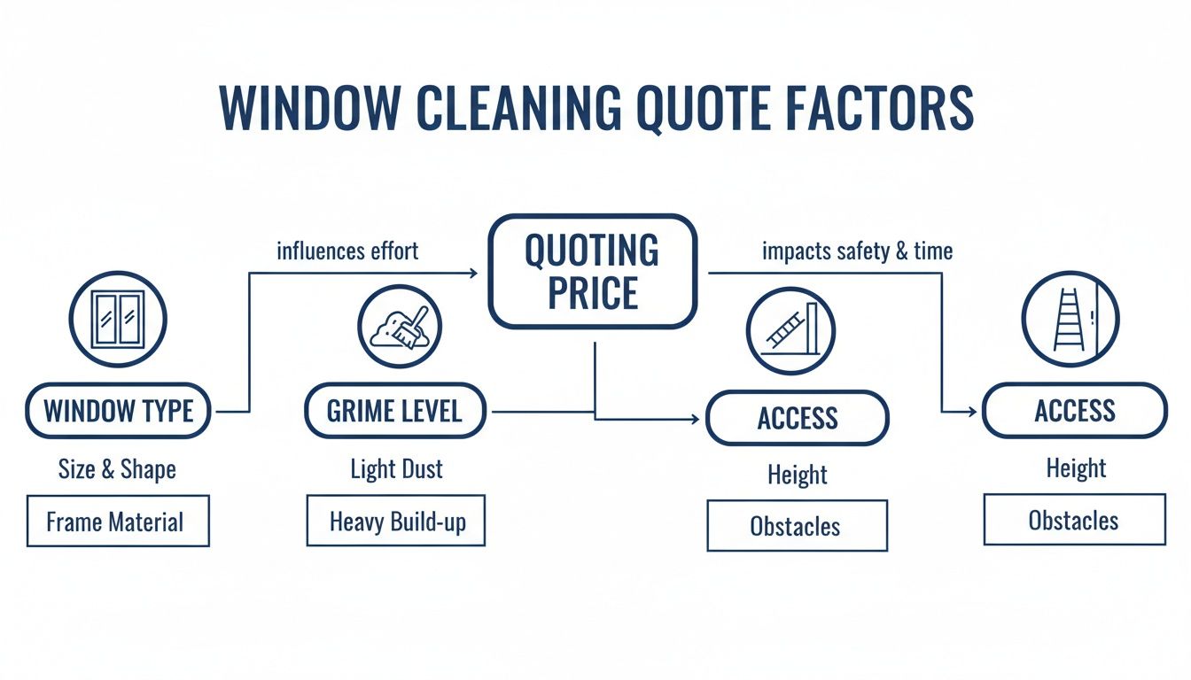An infographic detailing window cleaning quote factors including window type, grime level, and access influencing the final price.