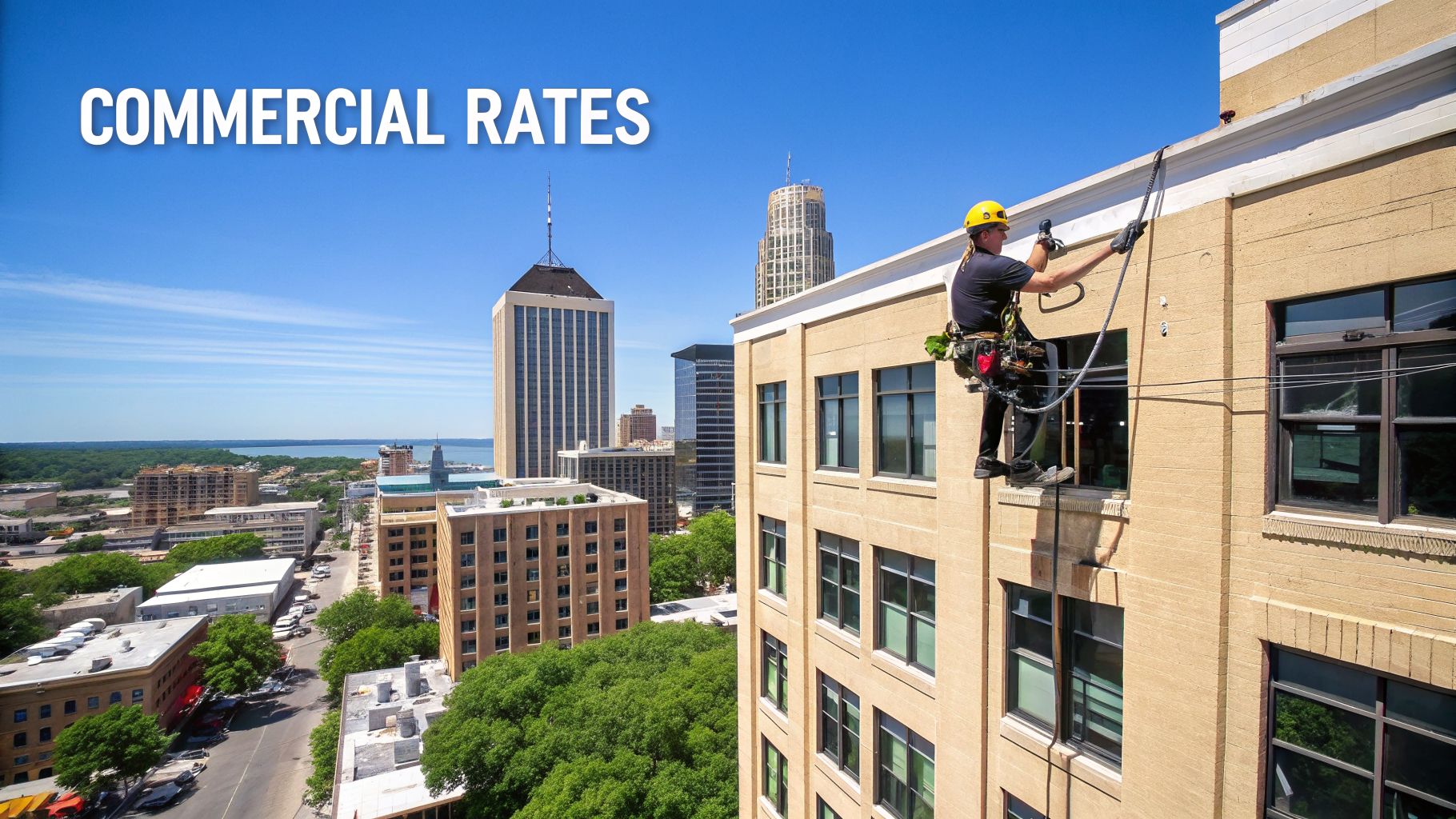 A professional window cleaner rappelling down a commercial building with a city skyline view.