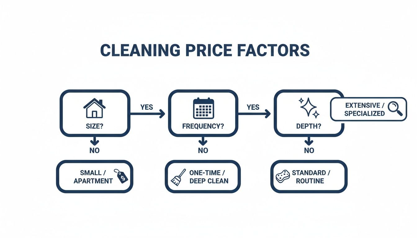 A flowchart illustrating cleaning price factors based on size, frequency, and depth of service.