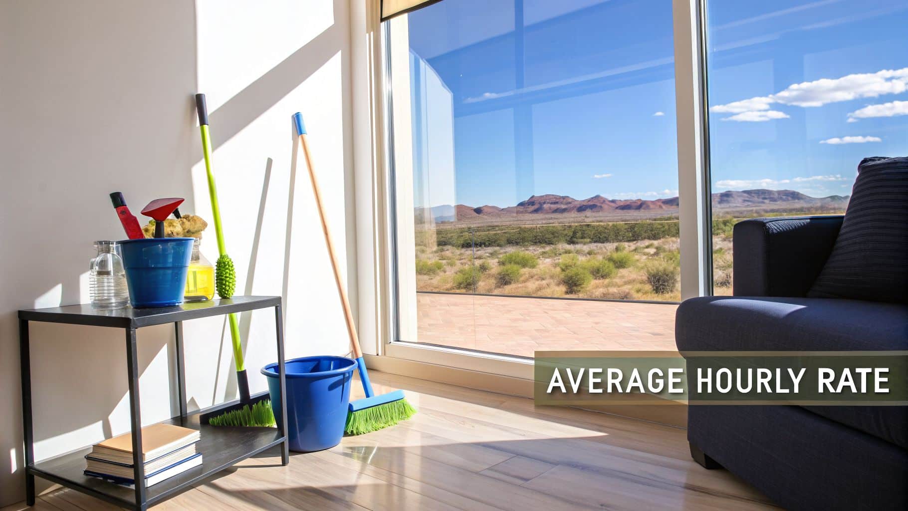 Cleaning supplies, brooms, and buckets near a sunny window with a desert mountain view, displaying 'AVERAGE HOURLY RATE'.