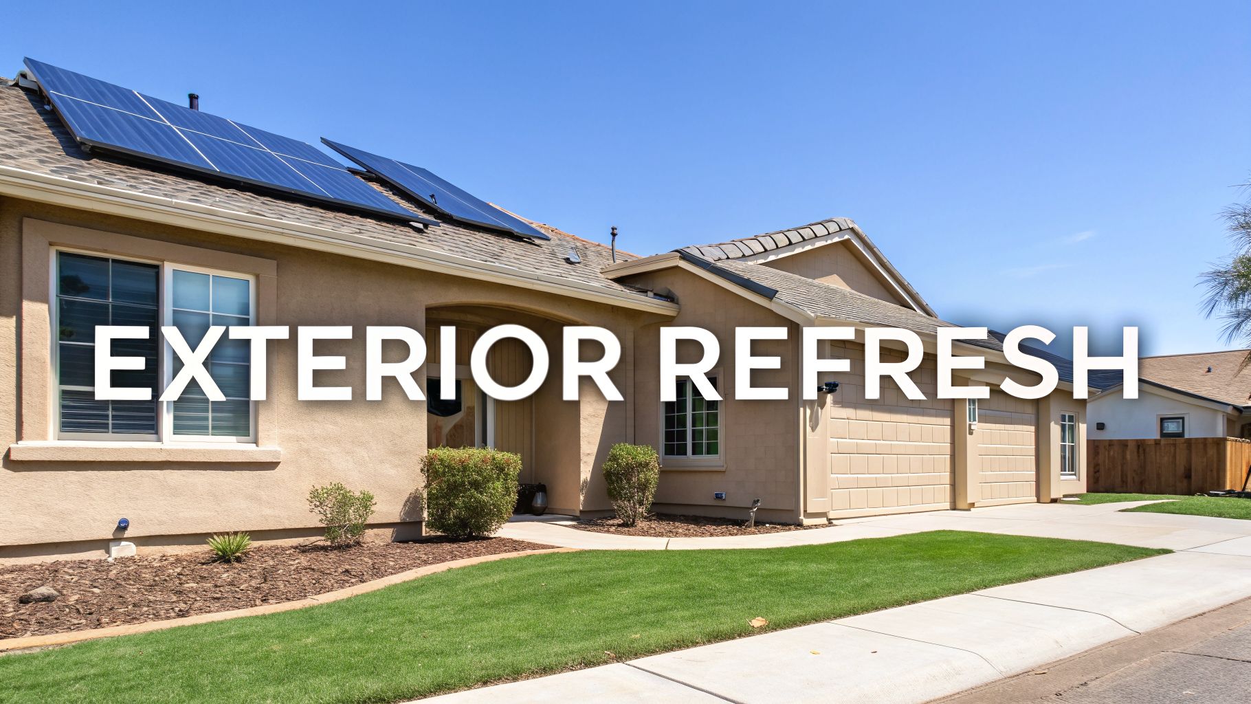 A modern house with solar panels on the roof, a beige exterior, and a green lawn.