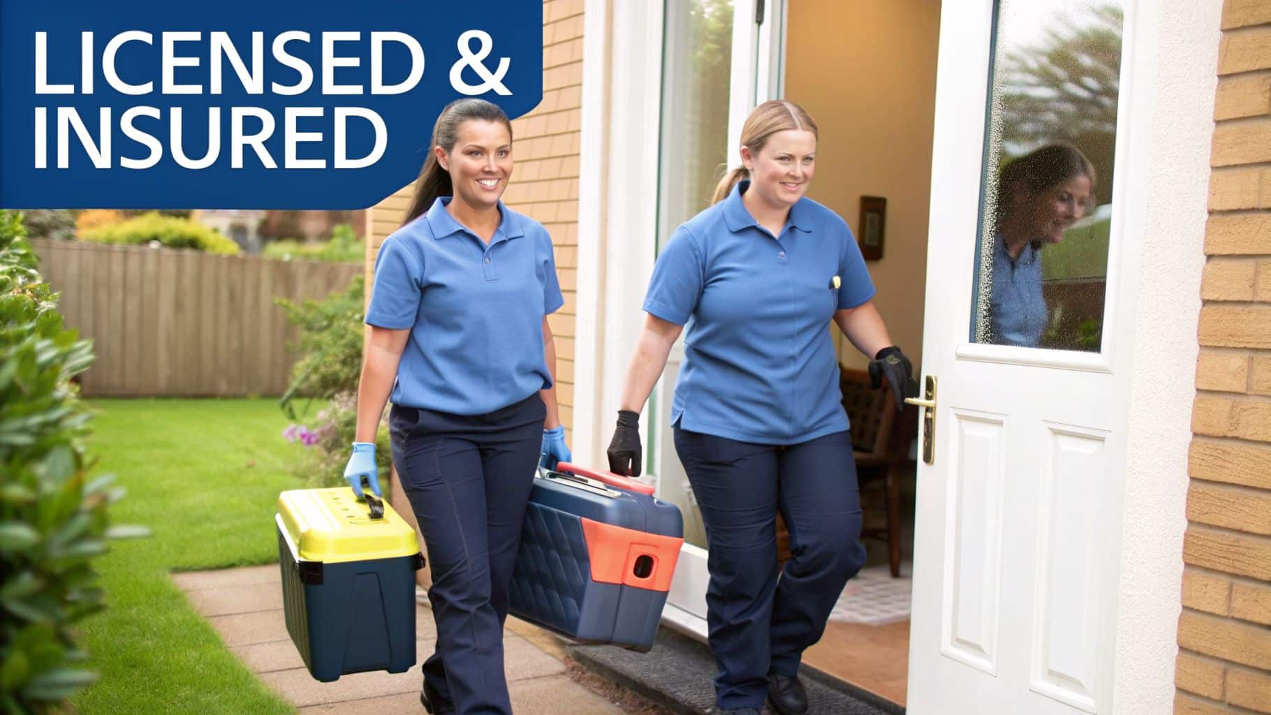 Two licensed and insured professional women in blue uniforms carry toolboxes, entering a house.