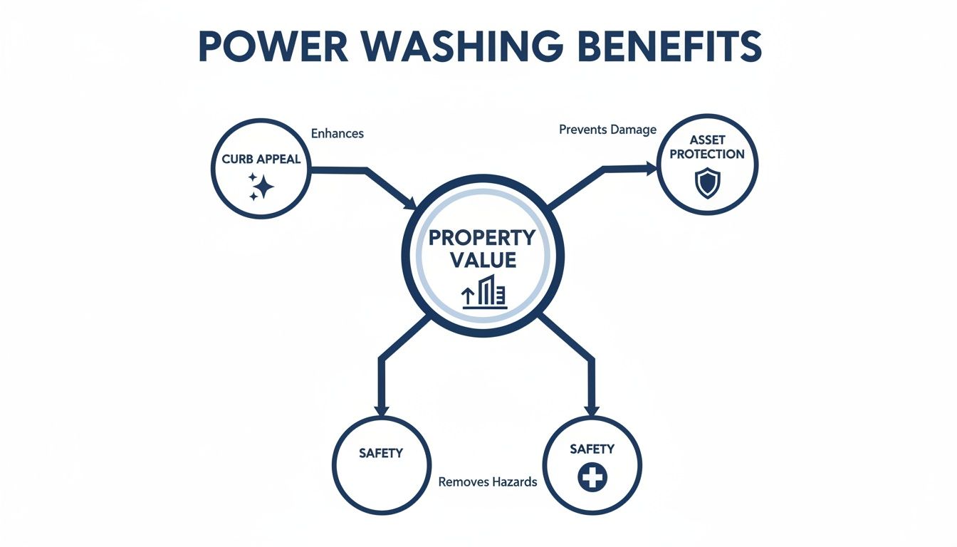 A diagram illustrating power washing benefits, including enhanced curb appeal, asset protection, increased property value, and improved safety by removing hazards.