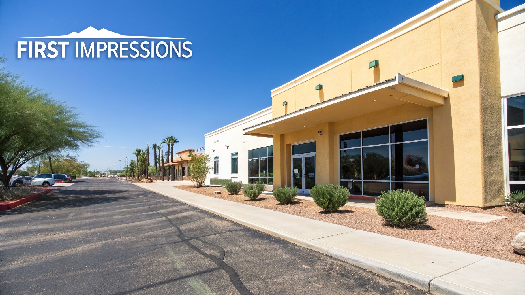 Exterior view of a bright yellow commercial building with large windows and a parking lot on a sunny day.