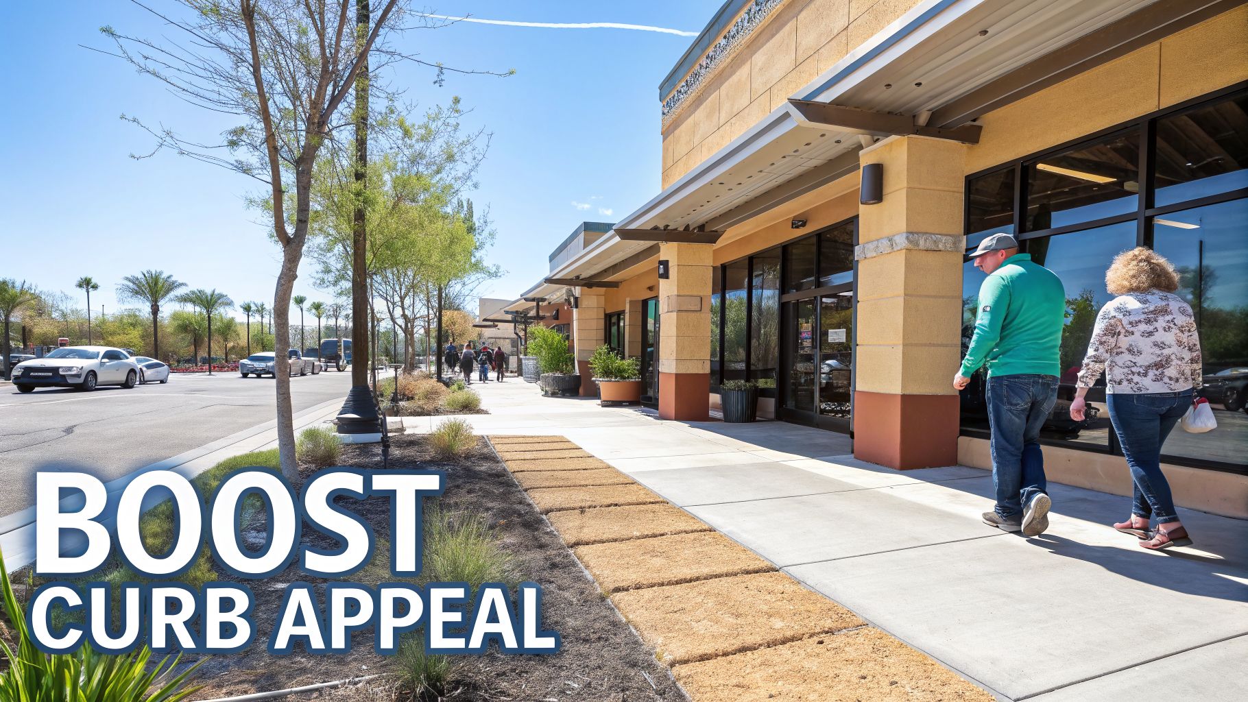Sunny view of a modern strip mall with stores, sidewalks, and well-maintained landscaping, boosting curb appeal.