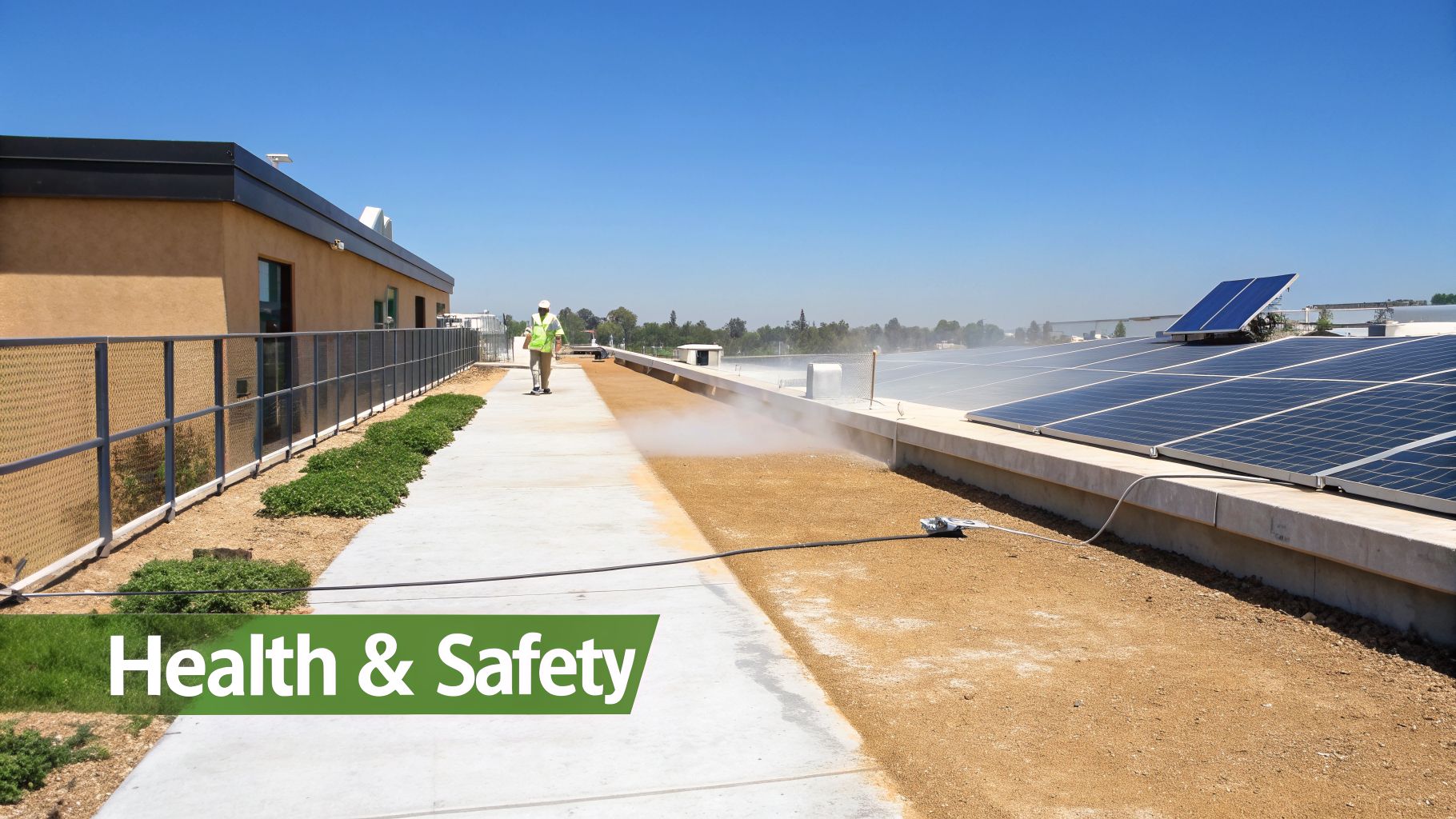 A worker in a safety vest power washes a dirty concrete path near solar panels on a sunny day.