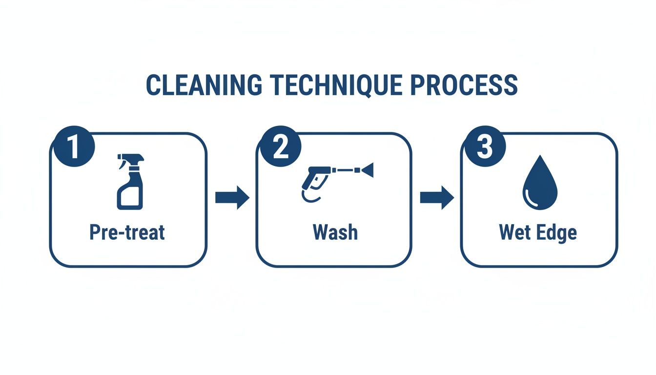 A three-step cleaning technique process showing pre-treatment with a spray bottle, washing with a pressure washer, and wetting the edge with a water drop.