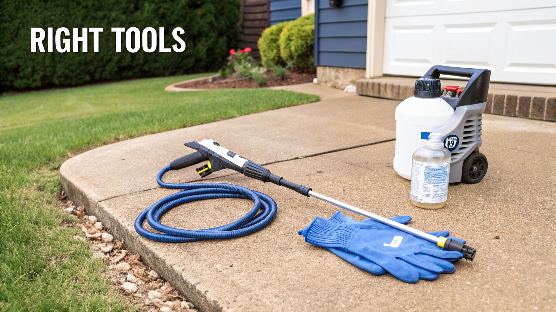 Essential tools for cleaning a concrete driveway, including a pressure washer, hose, and gloves.