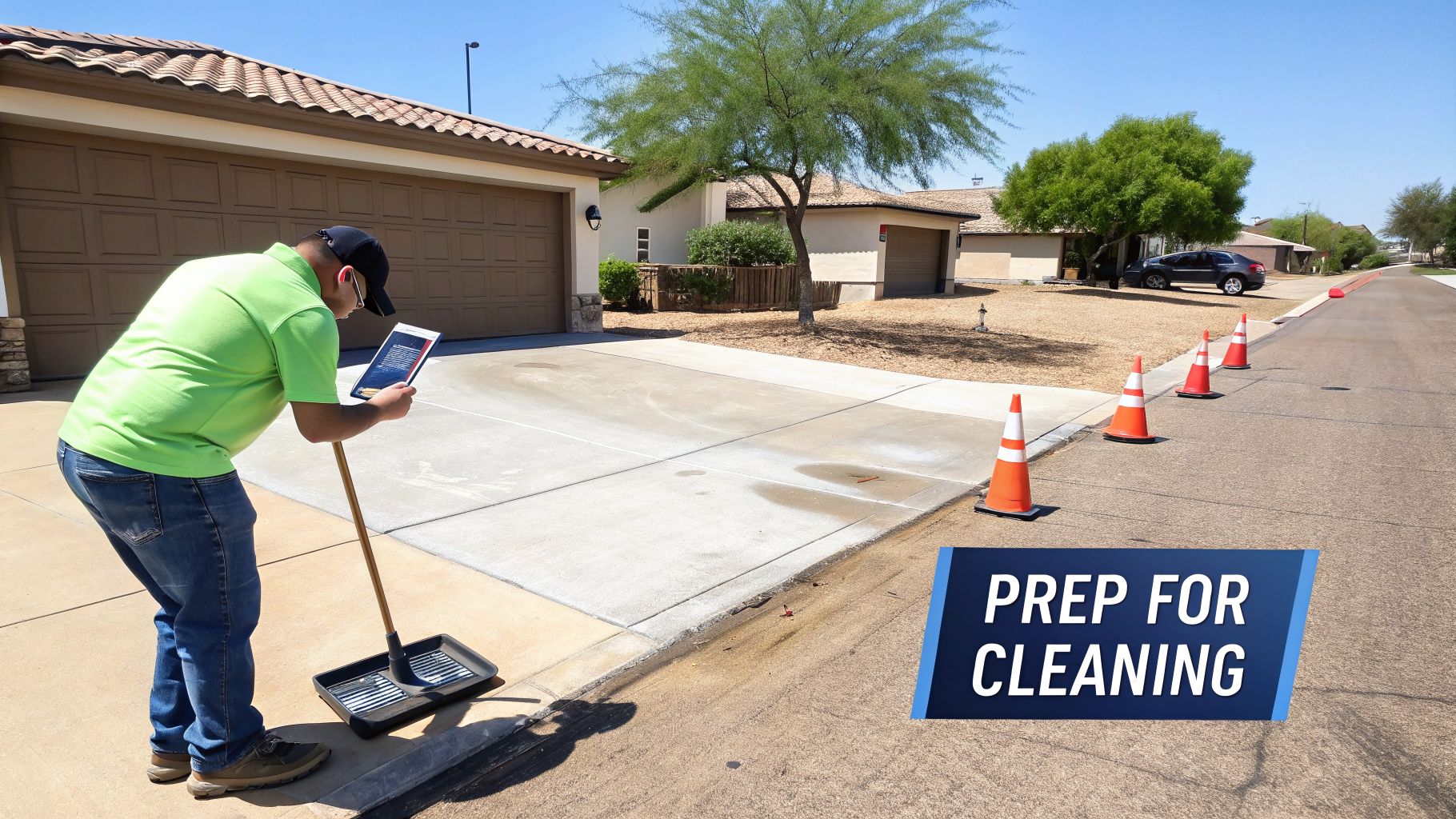 A man prepares a concrete driveway for cleaning, checking a tablet while holding a roller tray, with traffic cones lining the street.