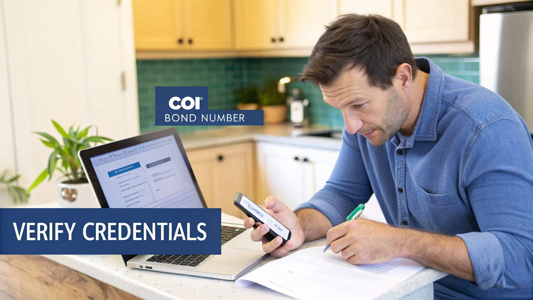 A man reviews documents and credentials on a laptop and smartphone in a home office setting.