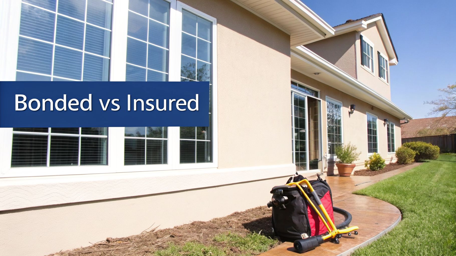 A suburban house with windows and a well-maintained lawn, featuring a blue 'Bonded vs Insured' text banner.