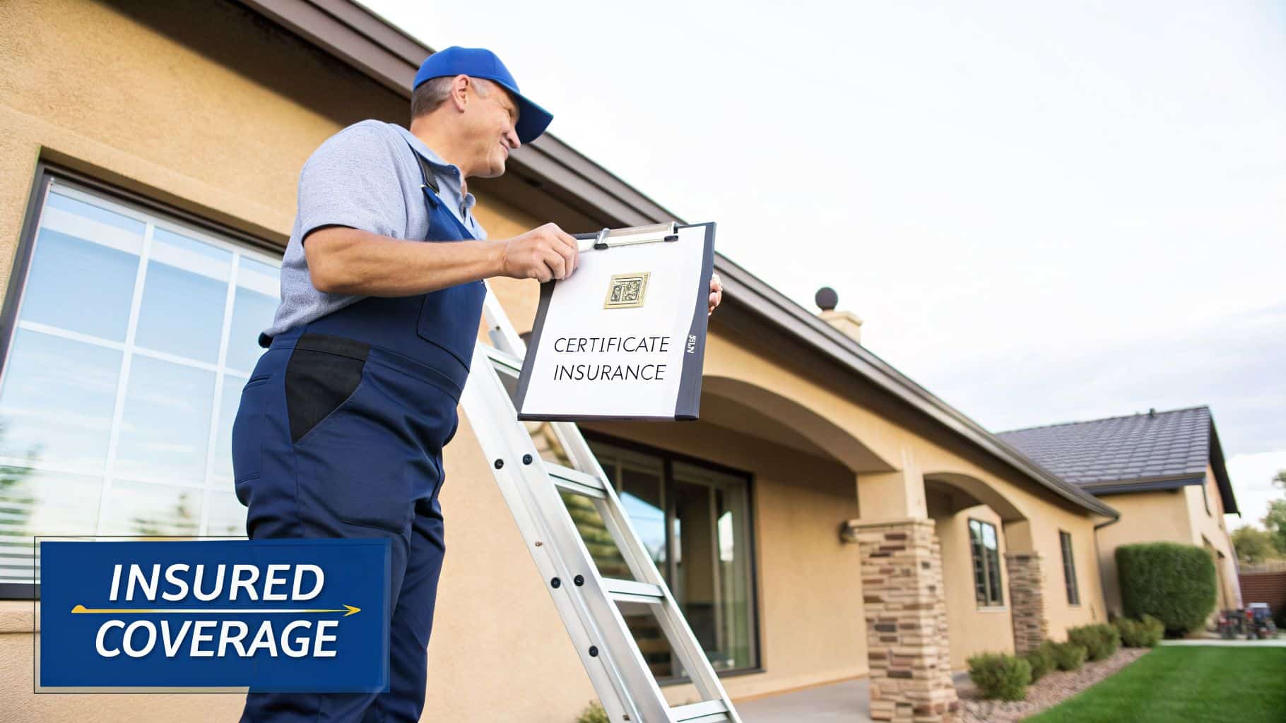 A contractor on a ladder holds an insurance certificate, emphasizing insured coverage for homeowners.