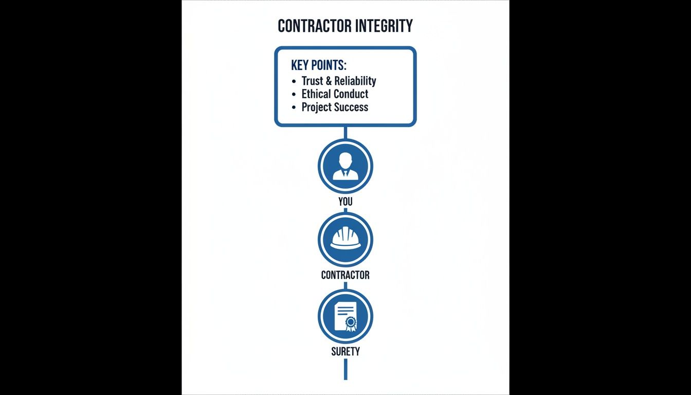 A flowchart explaining contractor integrity with key points: trust, ethical conduct, and project success, connecting you, the contractor, and surety.