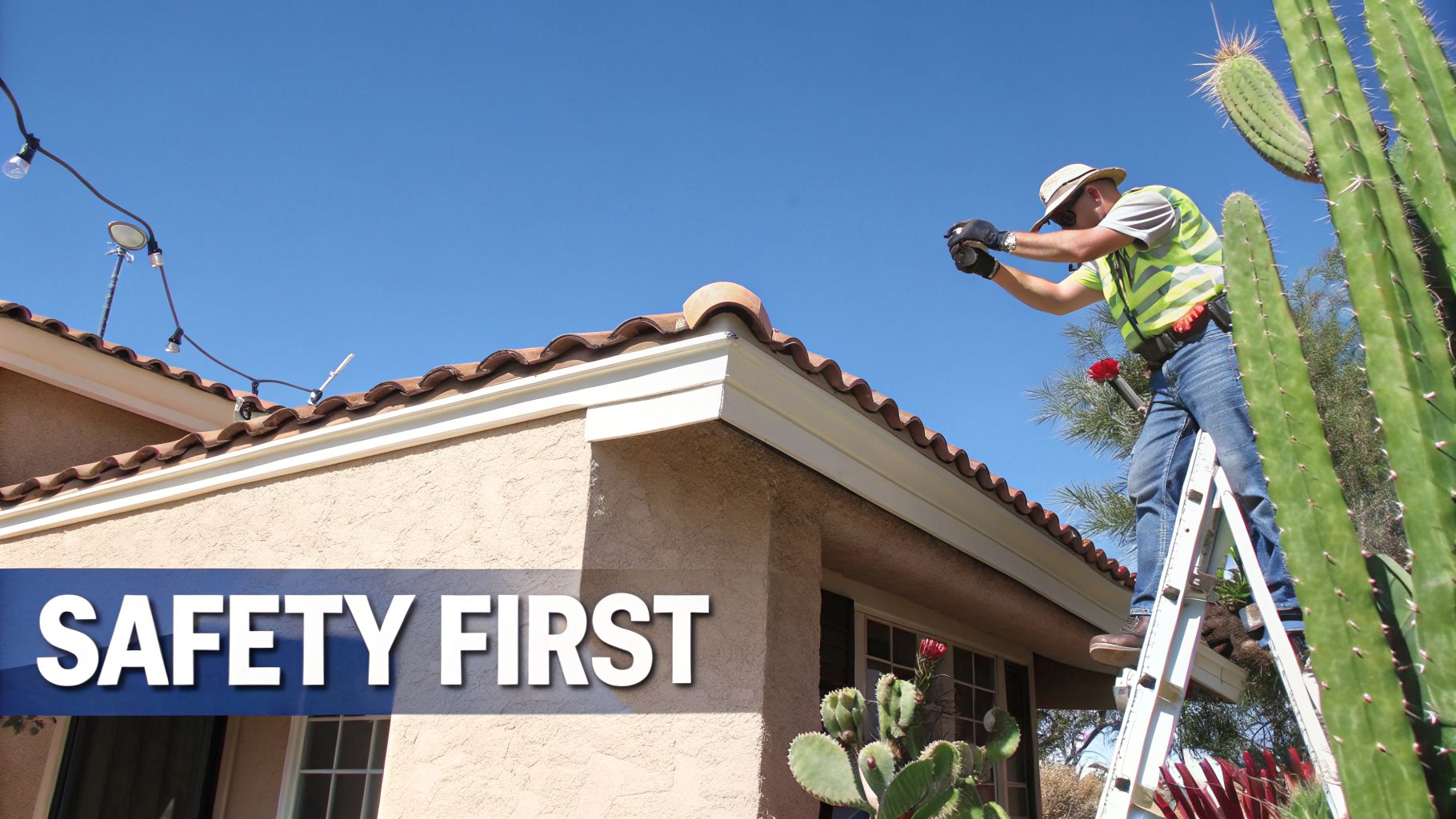 A person in a safety vest and hat on a ladder, working on outdoor lights near a roof with cacti.
