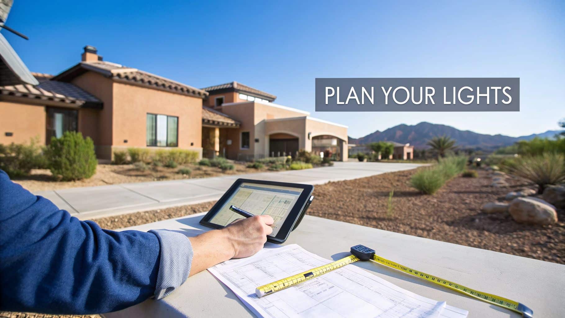 A person plans outdoor lights for a large house, using a tablet, blueprints, and measuring tape.
