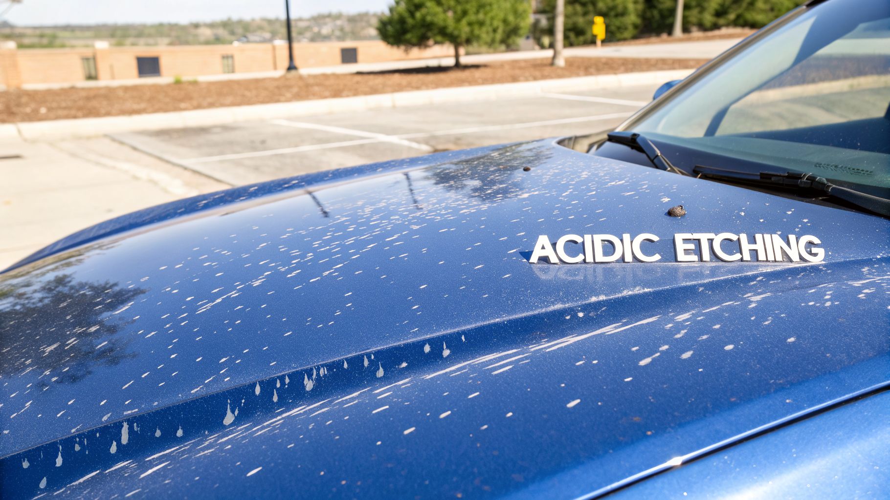 Close-up of a blue car hood covered in dried bird droppings causing acidic etching.