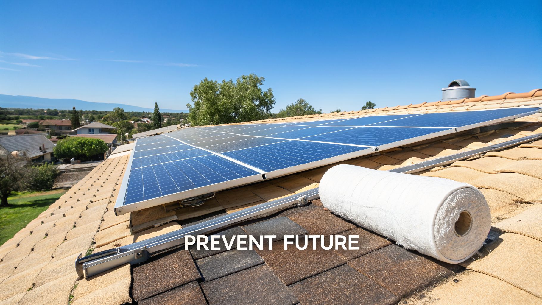 Solar panels on a residential roof with an insulation roll and distant houses under a clear sky.