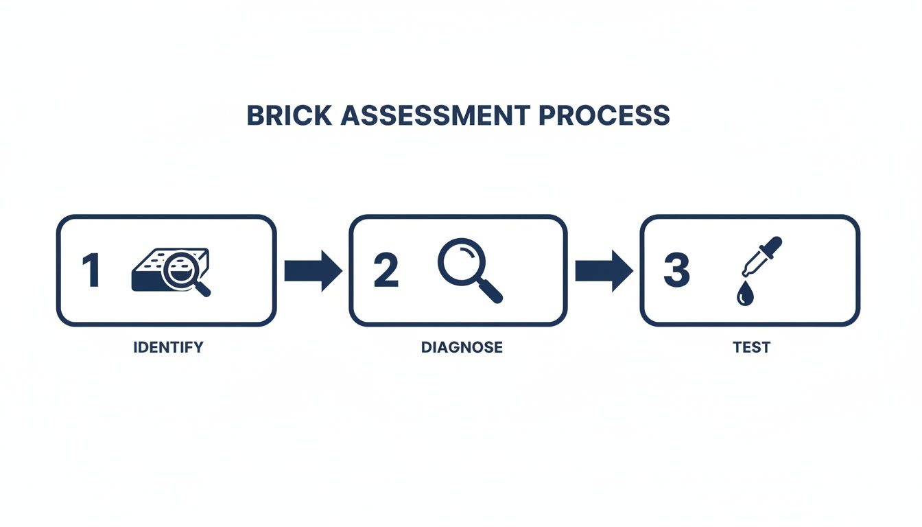 Infographic illustrating a three-step brick assessment process: identify, diagnose, and test with related icons.