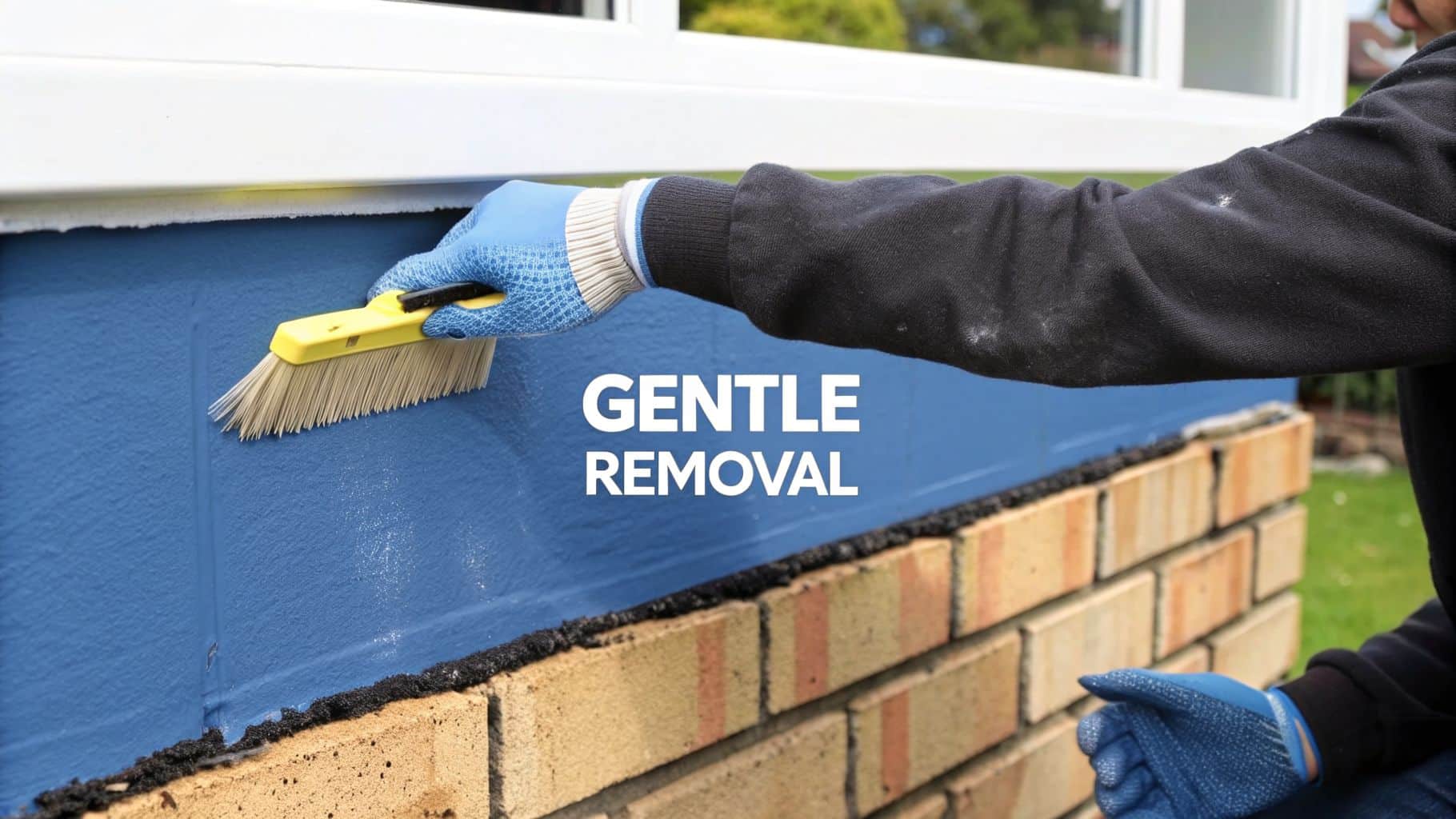Person in blue gloves gently brushes loose debris from a blue wall above a brick foundation.