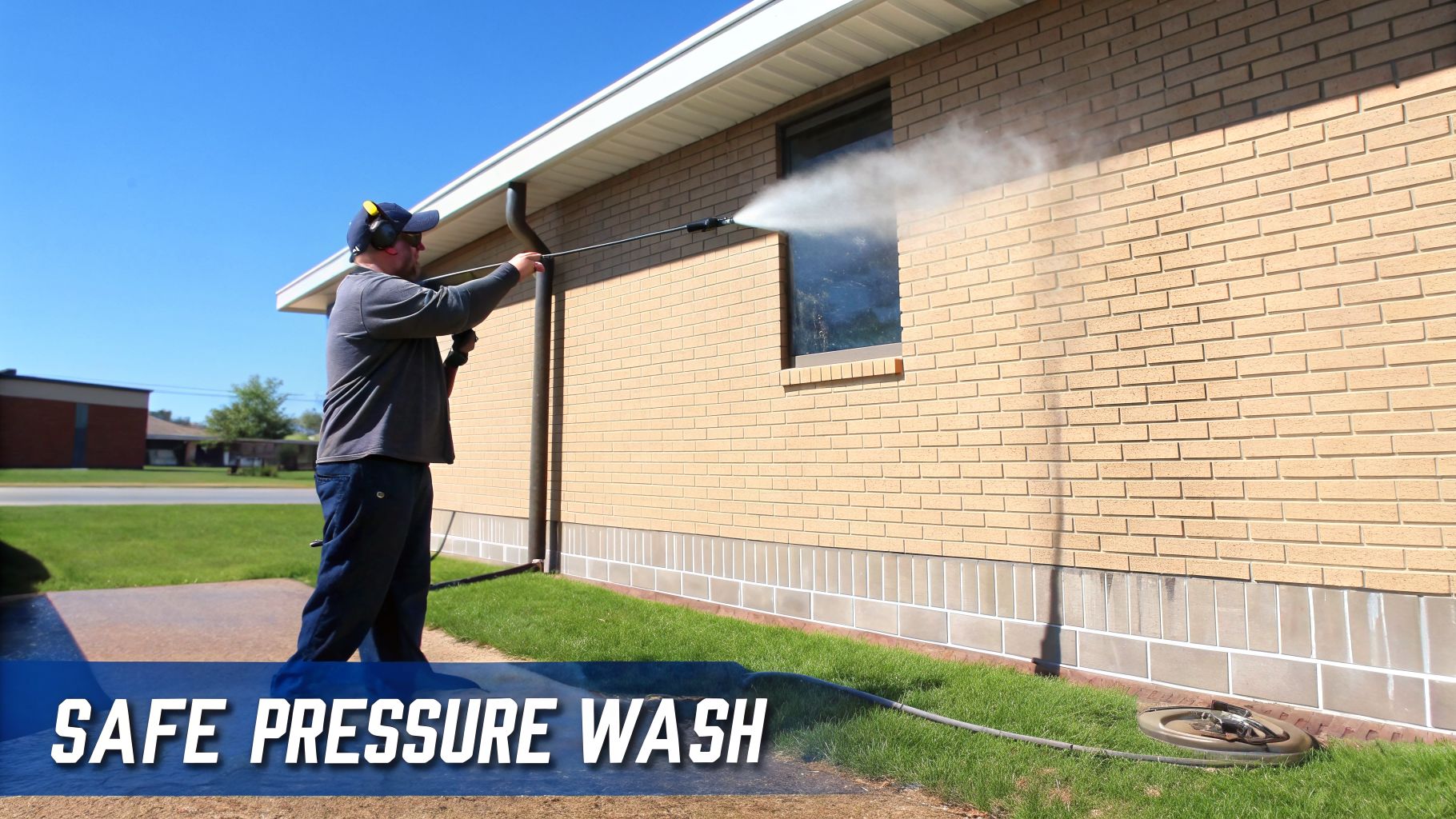 A man in a cap and ear protection pressure washing a brick house wall and window on a sunny day.