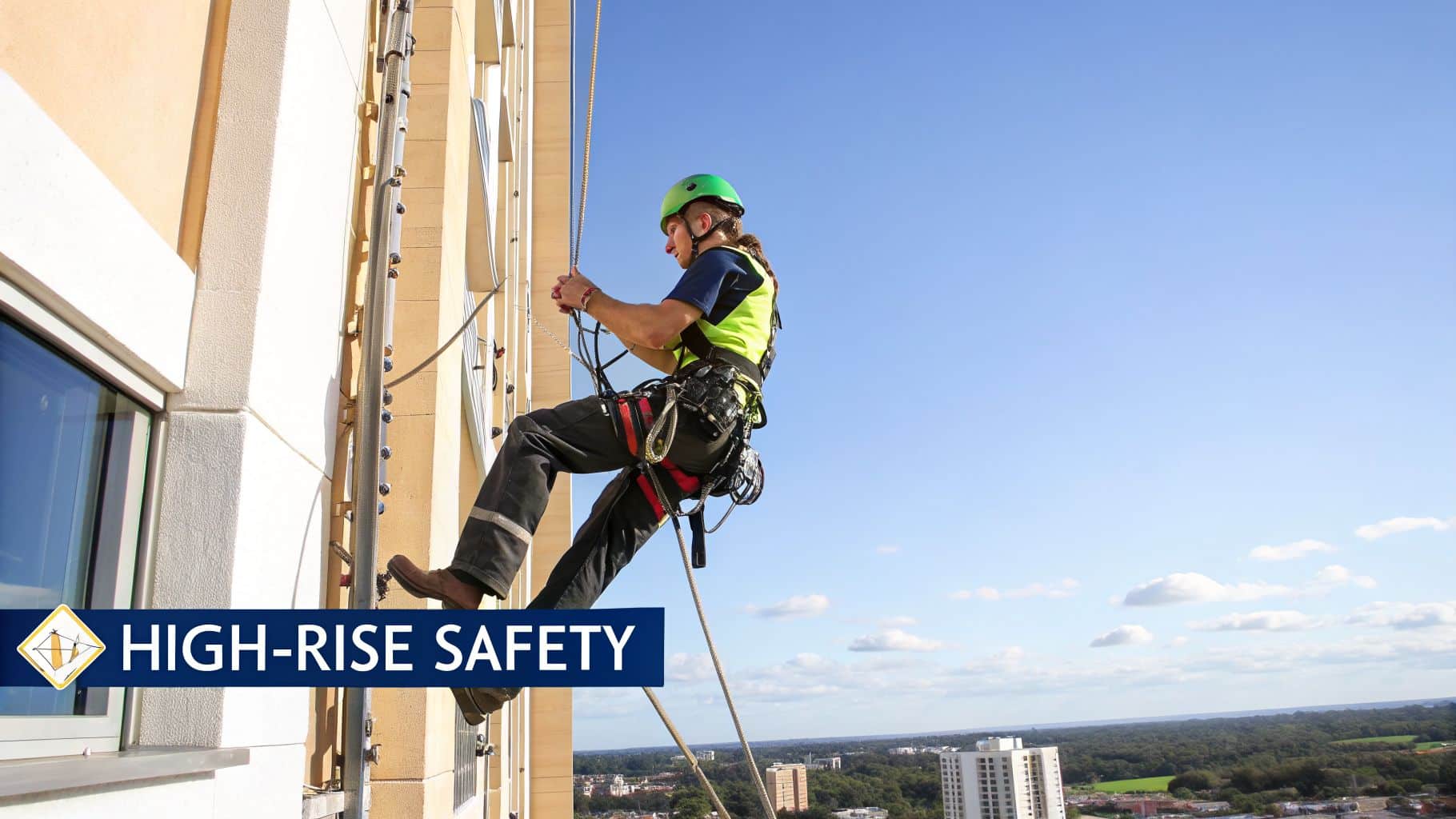 A worker in a green helmet and safety harness rappelling down the side of a tall building, showcasing high-rise safety.