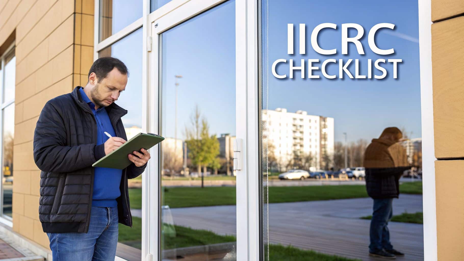 Man inspects a commercial property, with an 'IICRC CHECKLIST' reflected on the glass door.