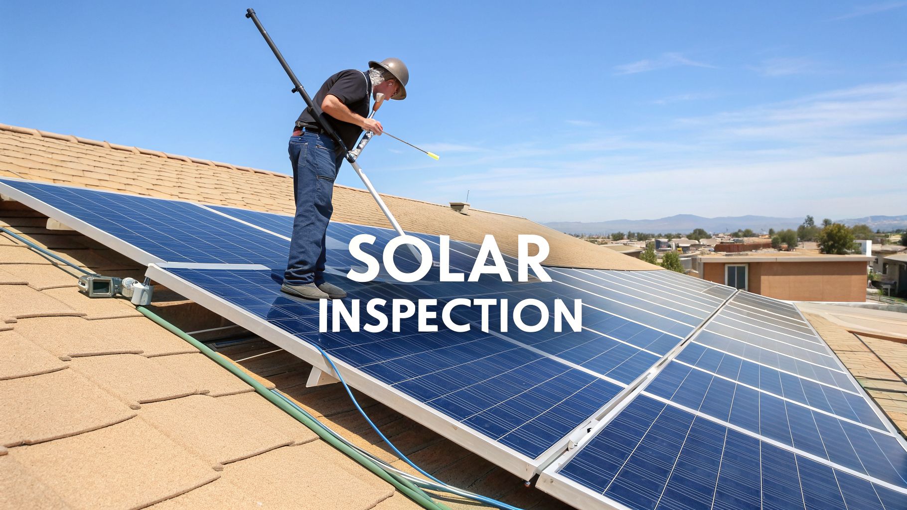 Rooftop solar panel inspection by a technician on a sunny day with clear skies.