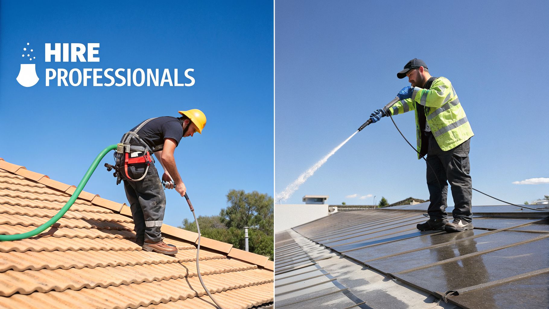 Two professionals cleaning roofs: one hosing a tiled roof, the other power washing commercial solar panels.