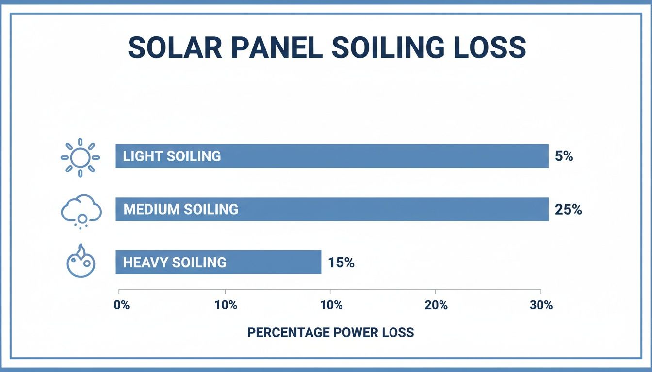 Bar chart illustrating solar panel power loss percentages caused by light, medium, and heavy soiling.