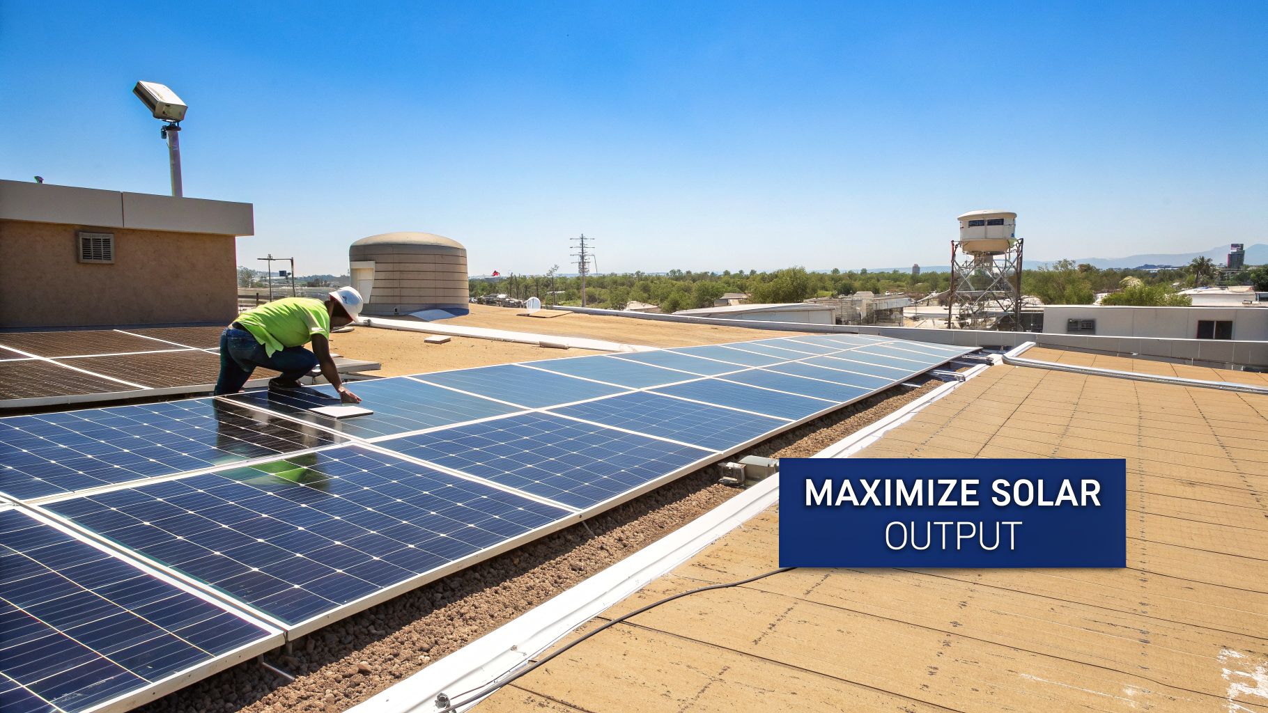 A worker in a hard hat cleans solar panels on a commercial rooftop under a bright blue sky.