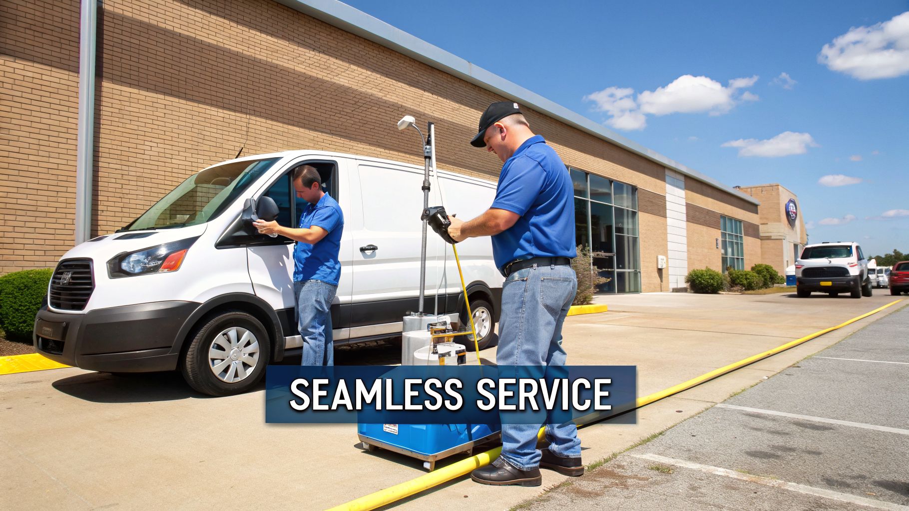 Two service technicians cleaning and maintaining a white commercial van with specialized equipment.