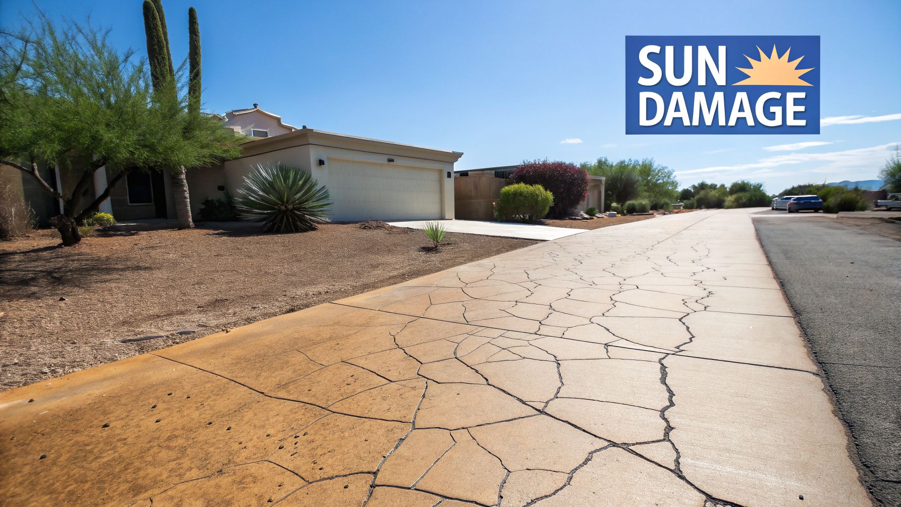 A severely cracked and discolored concrete driveway in front of a house, showing sun damage.
