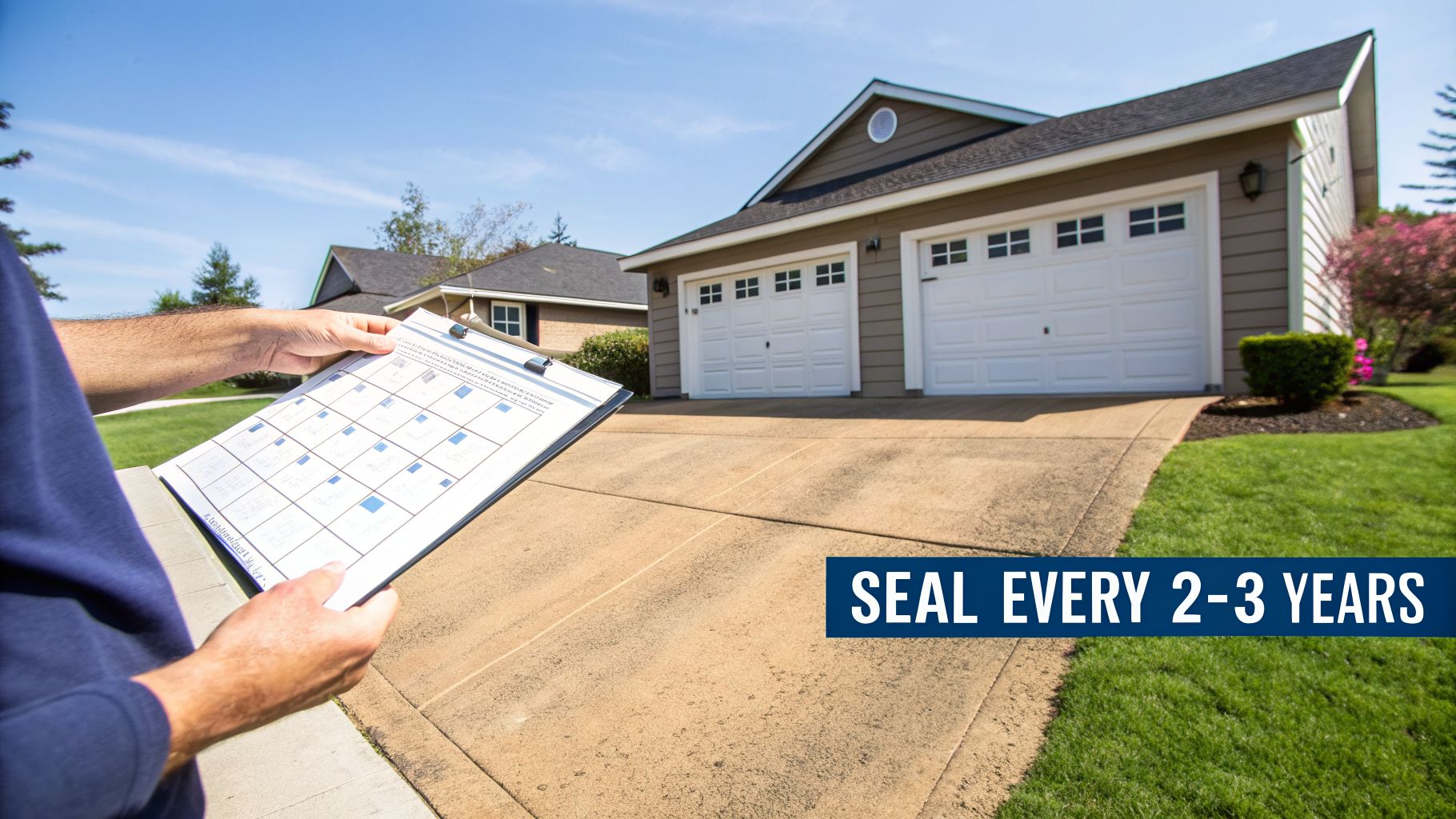 A person holds a maintenance chart while standing on a concrete driveway in front of a house, with a reminder to seal every 2-3 years.
