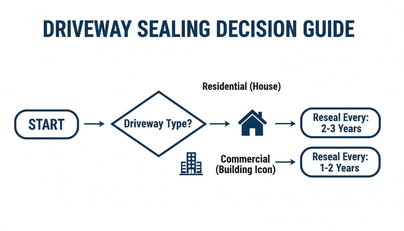 Flowchart outlining driveway sealing frequency: residential driveways every 2-3 years, commercial every 1-2 years.