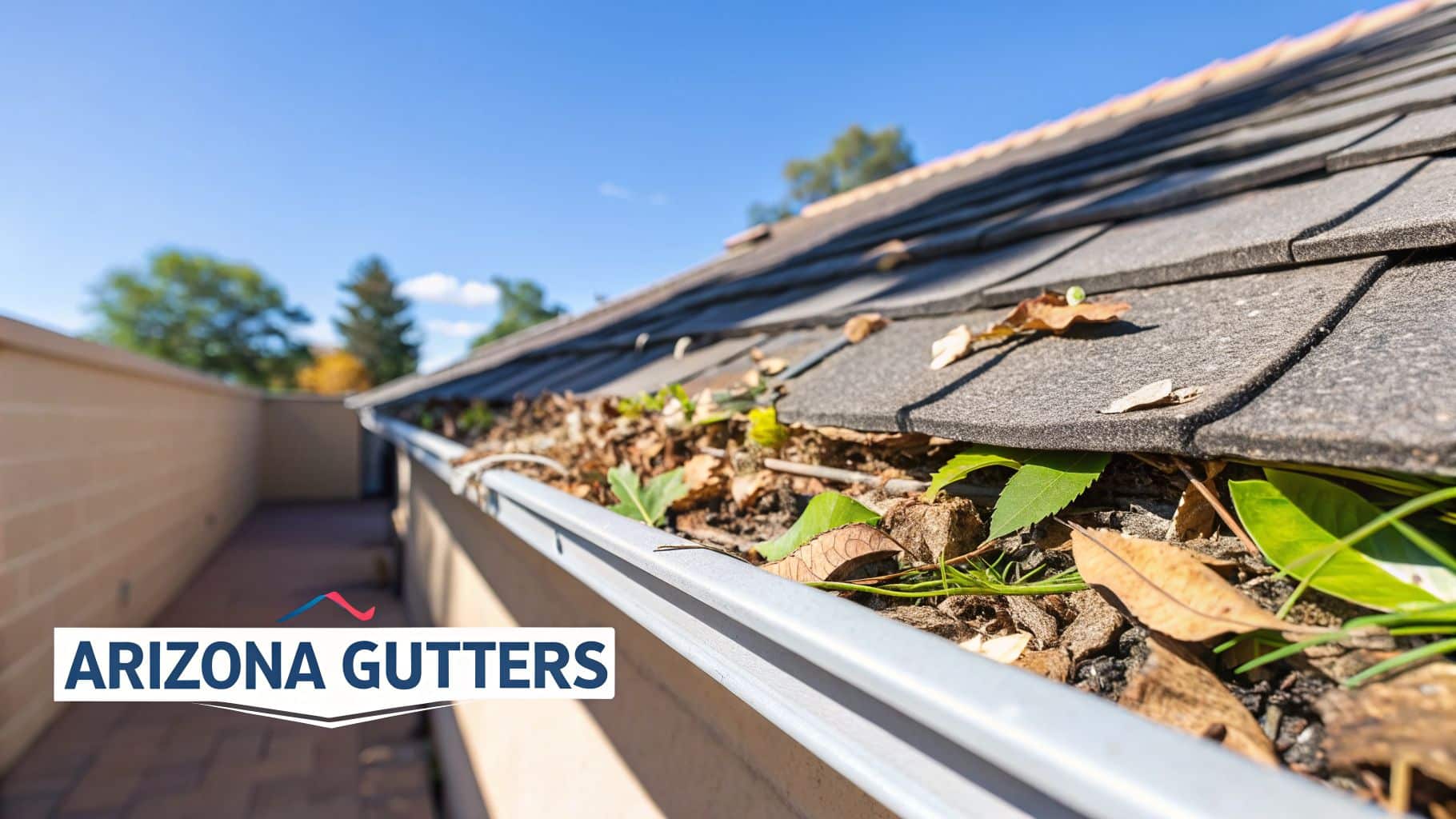 A house gutter overflowing with dry leaves and debris, indicating a need for cleaning.