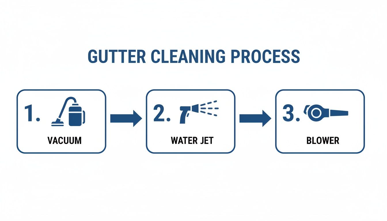 Three-step gutter cleaning process infographic: 1. Vacuum, 2. Water Jet, 3. Blower with corresponding tools.