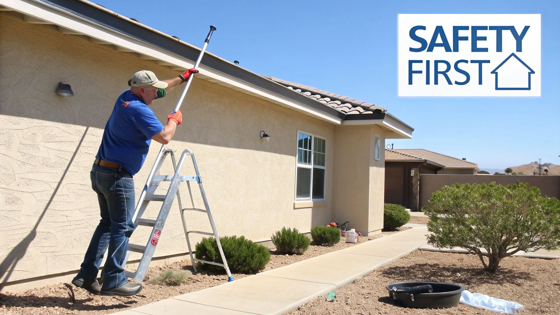 A man on a step ladder cleaning house gutters with a long tool, emphasizing safety.