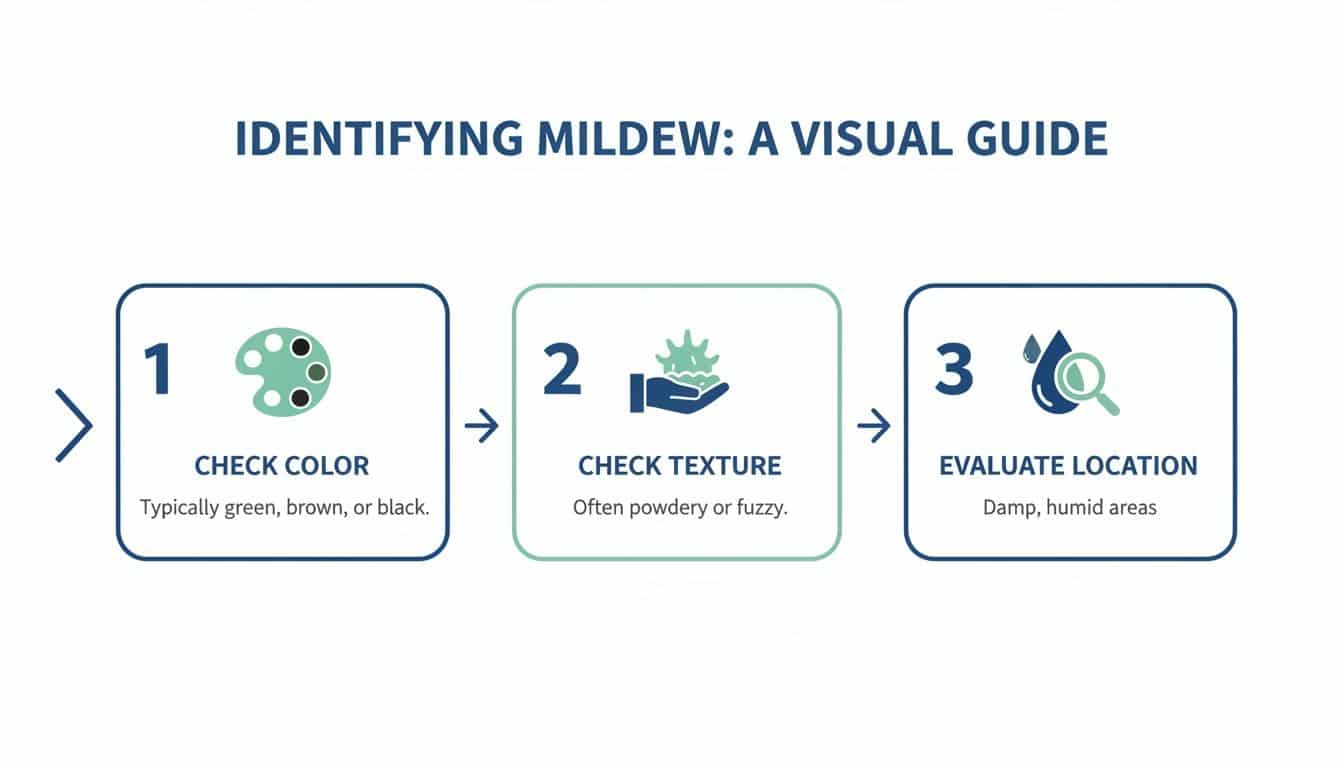 A visual guide illustrating three steps to identify mildew: checking color, texture, and location.