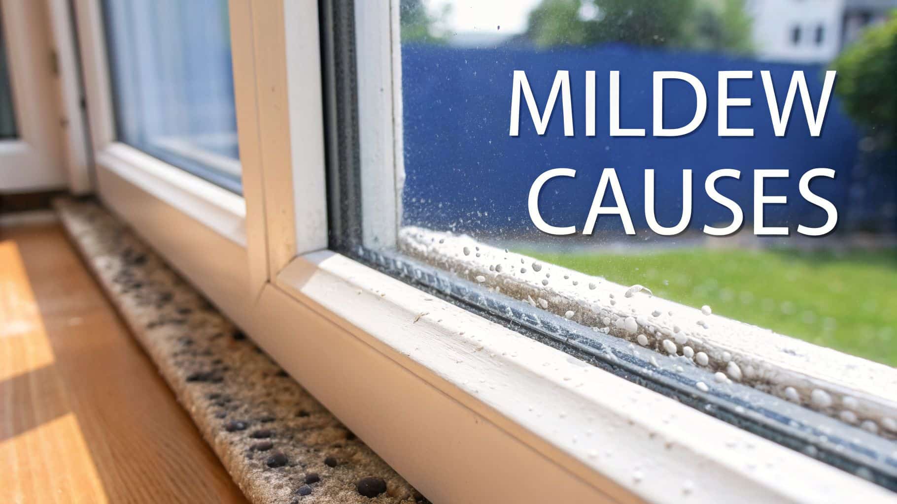 Mold and mildew are growing on a white window frame and a textured stone windowsill, with text 'MILDEW CAUSES'.