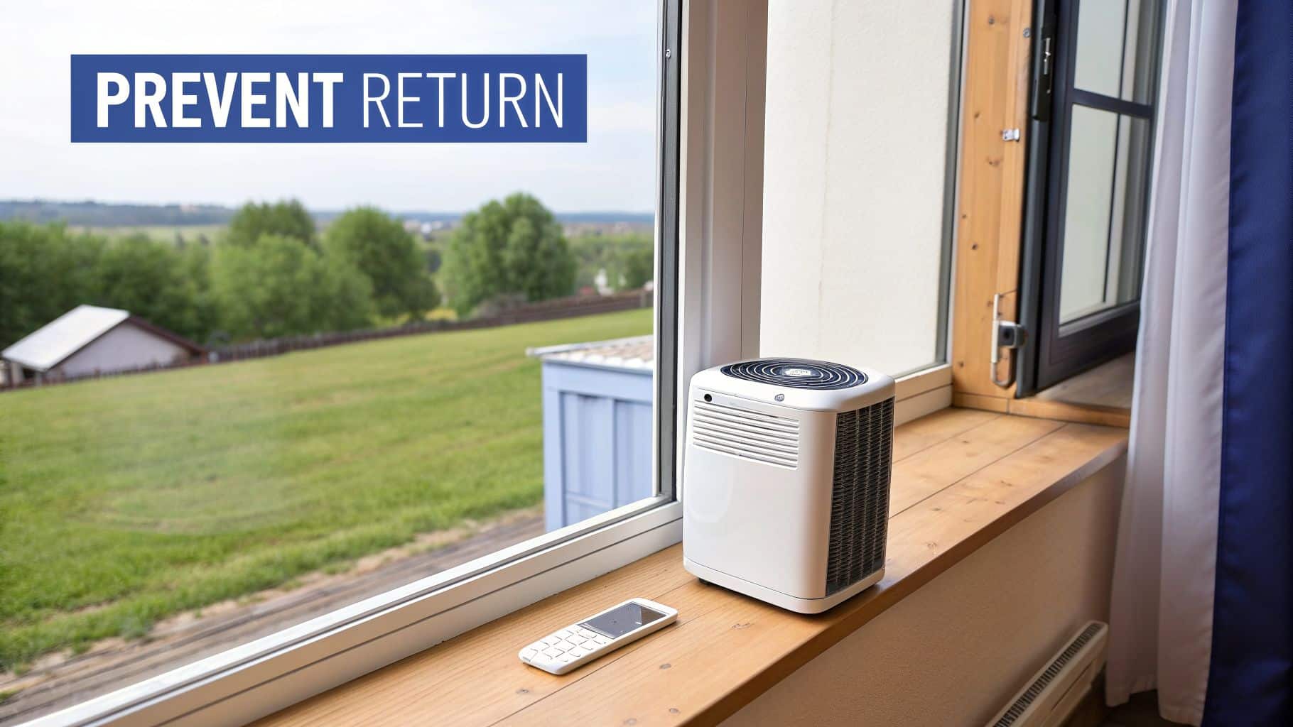 A white portable air conditioner and remote sit on a wooden windowsill overlooking a green landscape.