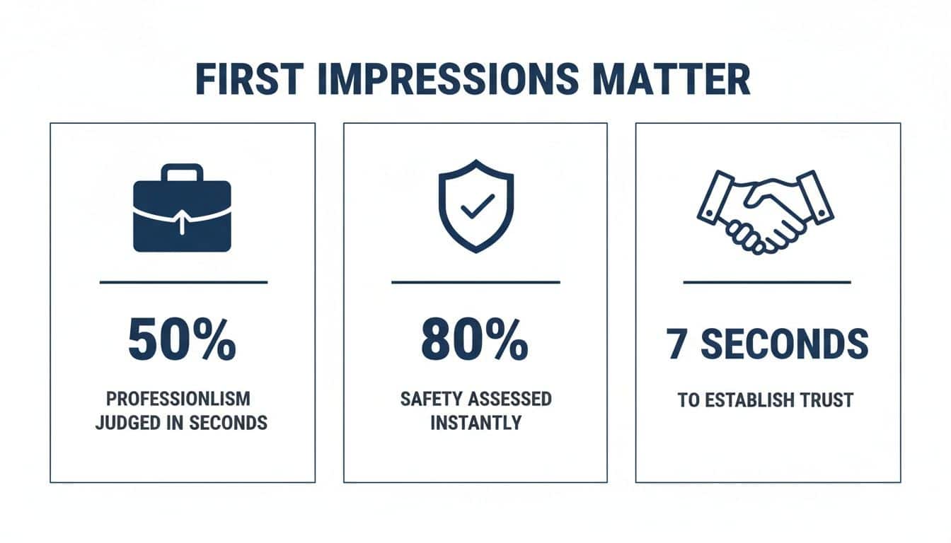 First Impressions Matter infographic with stats: 50% professionalism, 80% safety, 7 seconds to trust.