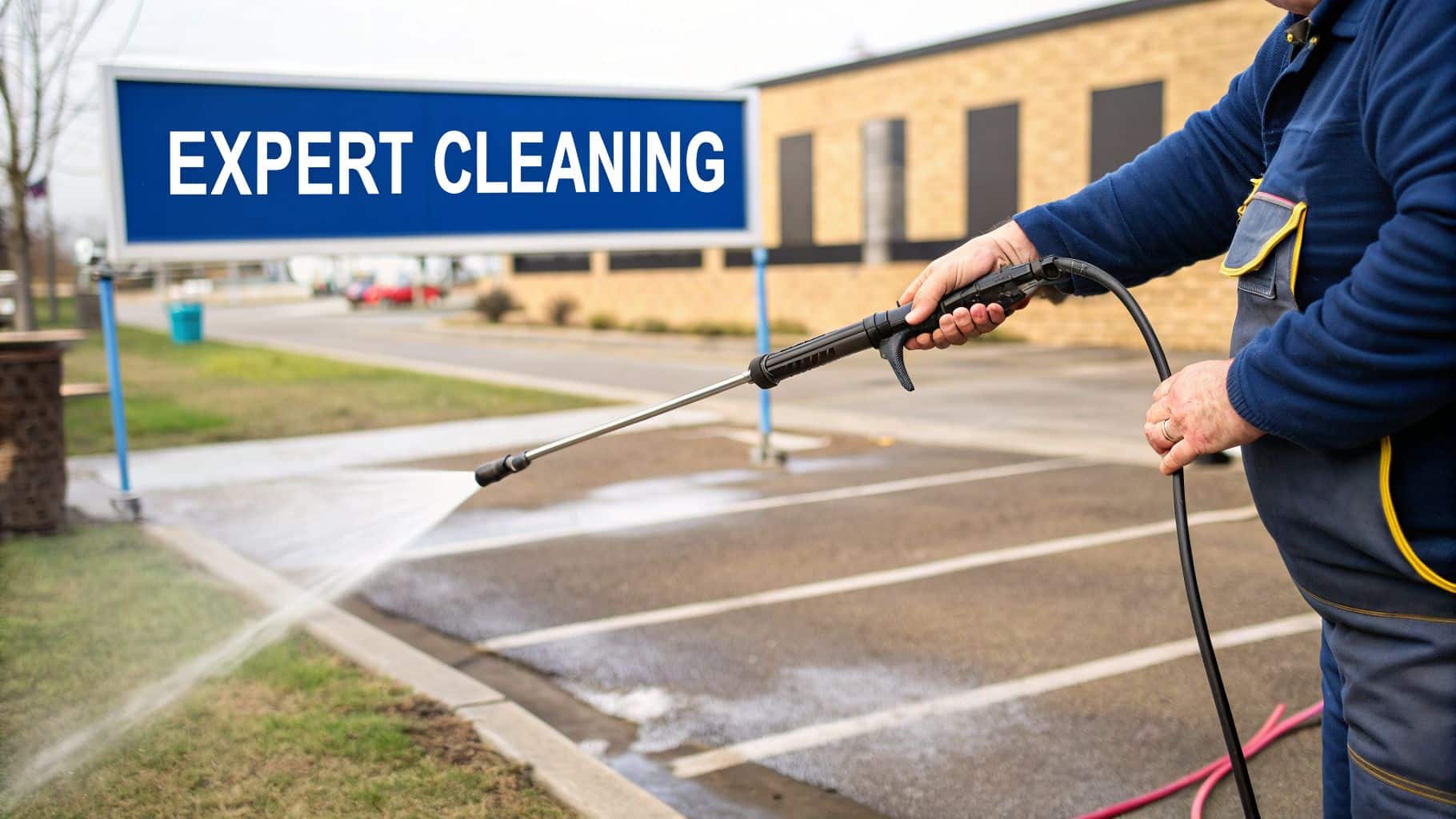 A person in work overalls pressure washing a paved outdoor area, with an 'EXPERT CLEANING' sign.