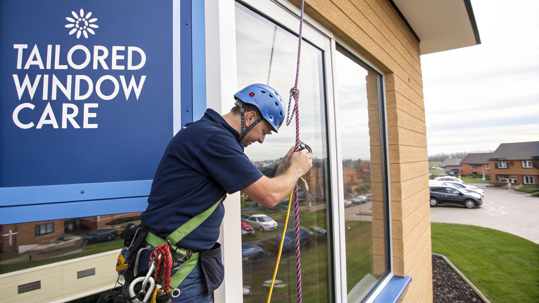 Professional window cleaner in a blue helmet and harness preparing rope equipment on a modern building.